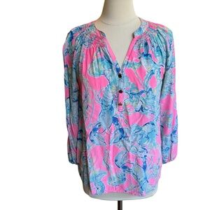 Lilly Pulitzer Pink & Light Blue Lobster-Print Henley Blouse